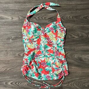 CROFT & BARROW Halter Tankini Bathing Suit Top Sz 12 Ruched Tropical Pink & Teal